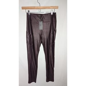 21 Saints Womens Faux Leather Wine Leggings Pockets Size L Athleisure Bordeux